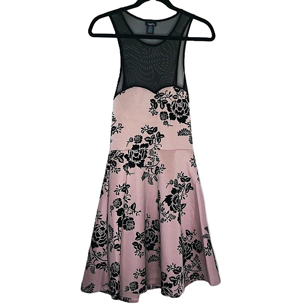 New Rue 21 Dress Skater Fit & Flare Stretch Nude Black Floral & Mesh Top NWOT S